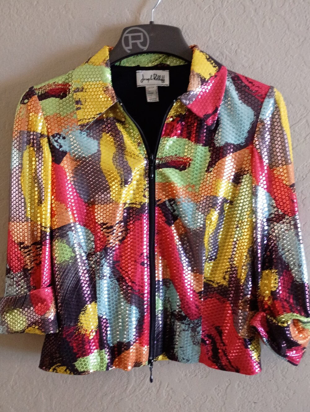 Joseph Ribkoff Abstract Multi-Color Sequin Paint Stroke Zip Jacket Size 6